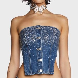 Milk It Genie Denim Crystal Embellished Corset Top 10 Medium